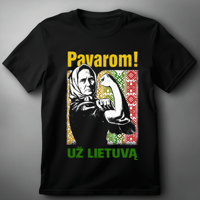 Juodi vyriški marškinėliai su užrašu Lietuva „Pavarom!“ – Žemaitė, flatlay