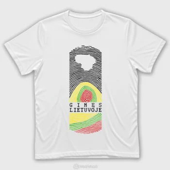 Patriotinis dizainas Gimes Lietuvoje ant rubo: pirsto antspaudas, kuriame integruotas Lietuvos zemelapis ir trispalves spalvos. Dzemperiai yra unisex, todel puikiai tinka tiek vyrams, tiek moterims, ypac poroms. Marskineliai turi modelius visai seimai (vyrams, moterims ir vaikams), leidziancius sukurti darnu ivaizdi.