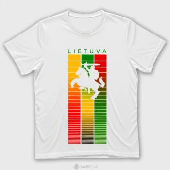 Patriotiniai marskineliai su Vycio simboliu ant stilizuoto trispalves dryziu fono ir uzrasu LIETUVA. Turime modelius vyrams, moterims ir vaikams - suderinkite apranga visai seimai! Sis dizainas taip pat puikiai atrodo ant UNISEX dzemperiu, tinkanciu tiek vyrams, tiek moterims ir poroms.